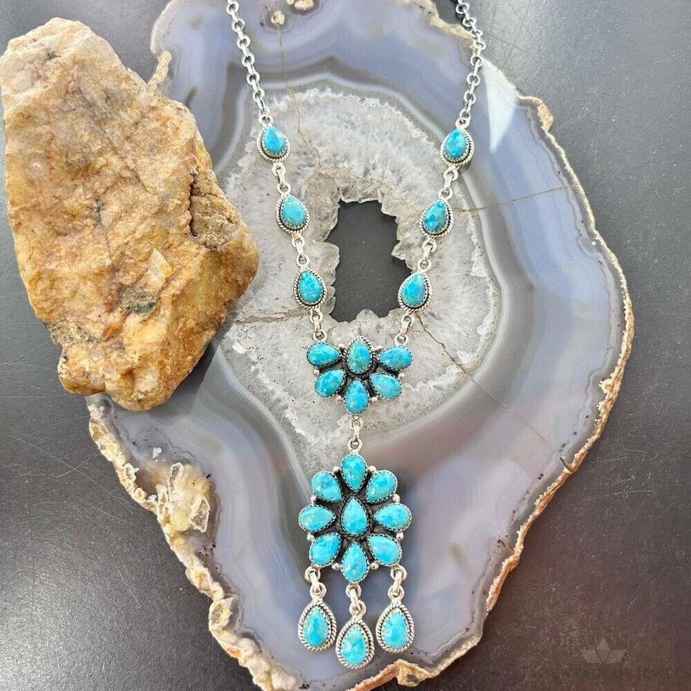 Sterling Southwestern Style 25 Teardrop Turquoise Cluster 17" Necklace For Women - Picture 3 of 10